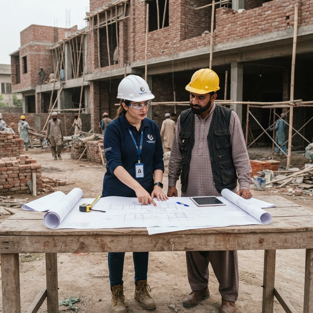 IDEAL BUILDERS engineers reviewing plans on site in Lahore